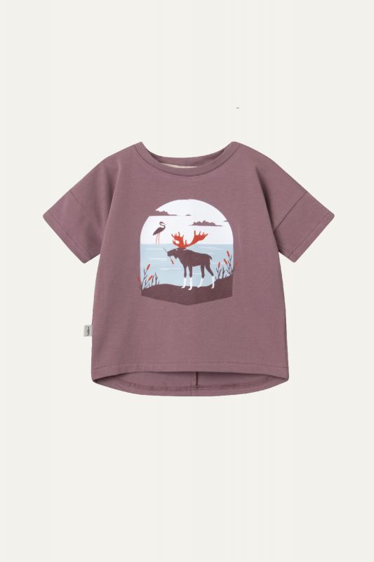 Koszulka bawełniana dziecięca z nadrukiem łoś i czapla wrzosowa TULILAS