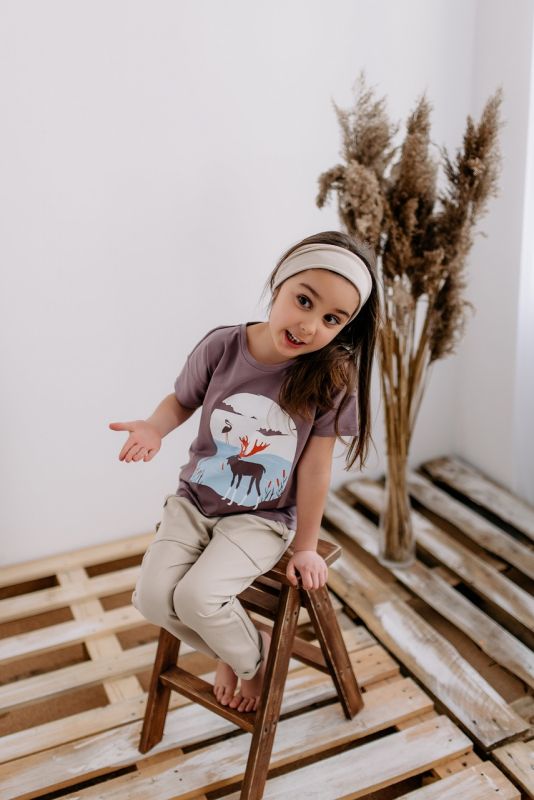 Koszulka bawełniana dziecięca z nadrukiem łoś i czapla wrzosowa TULILAS